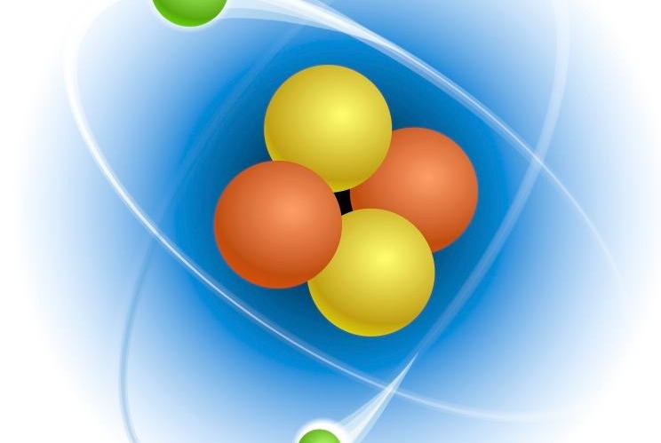 Vereenvoudigde voorstelling van een heliumatoom, met een atoomkern en twee elektronen.