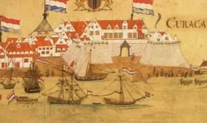 Fragment van een gezicht op de haven van Willemstad, de hoofdstad van Curaçao