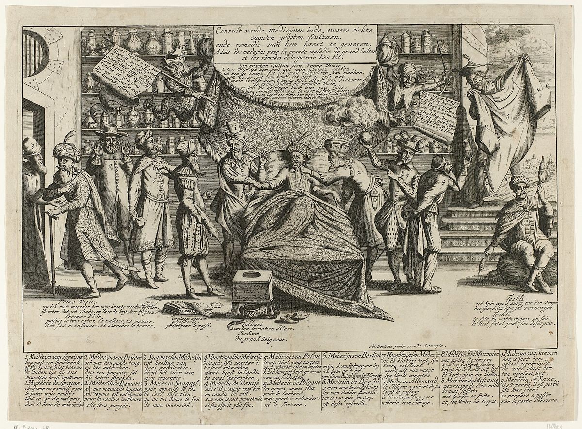 Filibert Bouttats (II), Consult van de medicijnen inde swaere siekte van den grooten Sultaen ende remedie van hem haest te genesen. Ets, 1683. Rijksmuseum