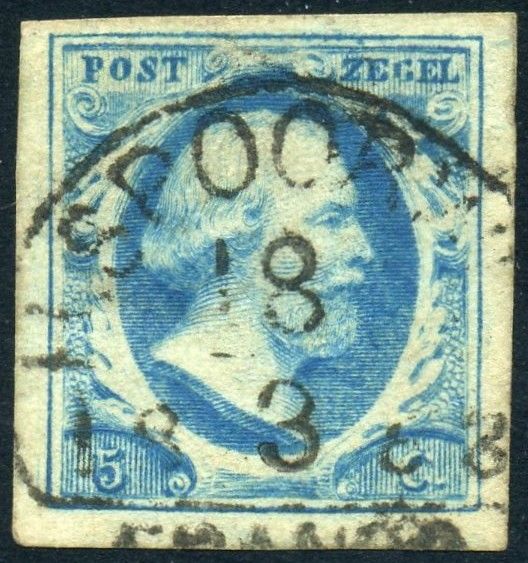 Nederlandse postzegel van 5 cent uit 1852 met daarop de beeltenis van koning Willem III