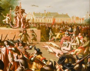 Detail van een onlangs gerestaureerde schilderij over de moord op de gebroeders De Witt. Over de lijken heen was een kanon geschilderd. (Haags Historisch Museum)
