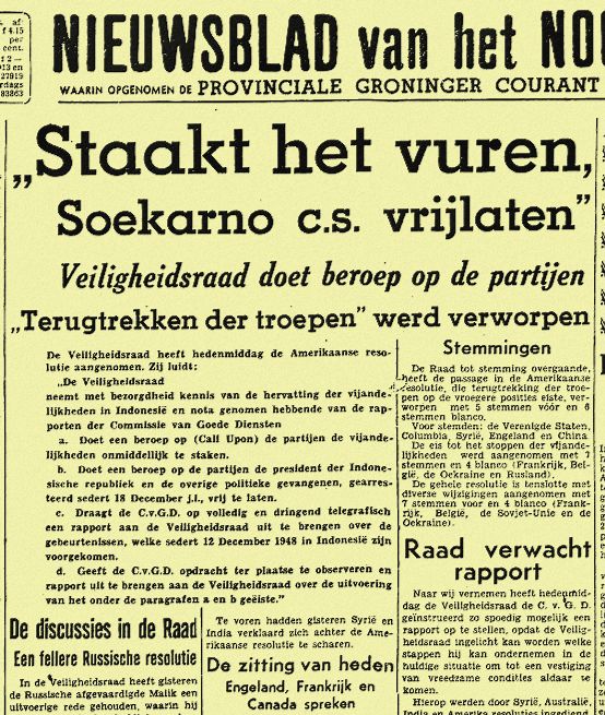 De opdracht van de Veiligheidsraad van de Verenigde Naties aan Nederland, om Soekarno vrij te maken, was op 24 december 1948 groot nieuws voor de Nederlandse pers. Zie in het pdf-bestand ook het commentaar 'Dat succes is alvast voor ons', waaruit grote steun voor de actie blijkt - Bron: Krantenarchief Koninklijke Bibliotheek