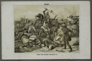 Slag bij Warns - Dood van Graaf Willem IV. Schoolplaat uit 1856 van Bruning, onder de redactie van J.H. Eichman en H. Altmann