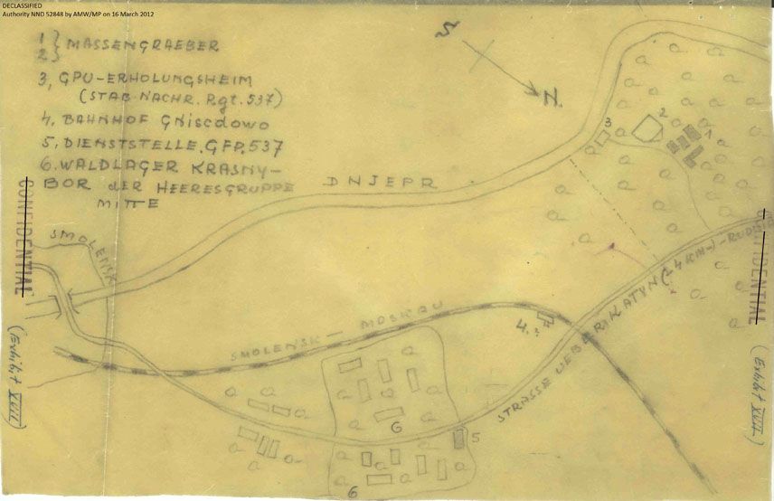 Kaart gemaakt door Gregor Slowenczik die tijdens de oorlog bij de opgraving in Katyn betrokken was. In 1946 verschafte hij informatie over het bloedbad aan een Amerikaanse geheime dienst - Foto: National Archives