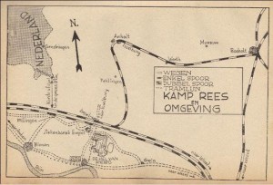 Kaart van kamp Rees, met dependances in Empel en Bienen in het boek 'De hel van Rees' van Jan Kirst (1946). Megchelen, net in Nederland, ligt op 8 kilometer afstand