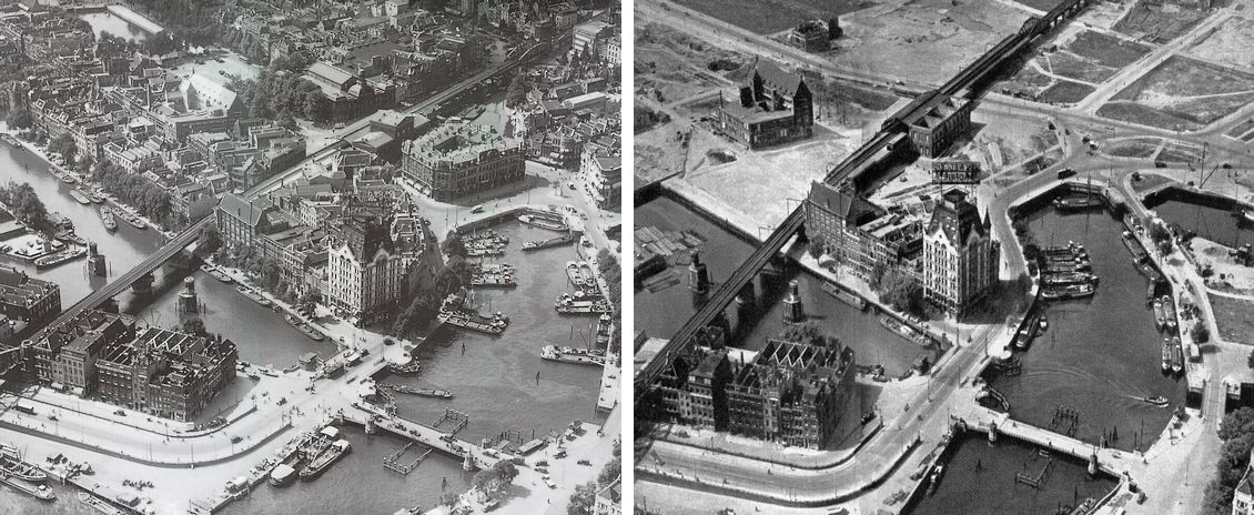 Rotterdam Wijnhaven voor en na het bombardement (klik voor een vergroting) – Foto’s: WIO