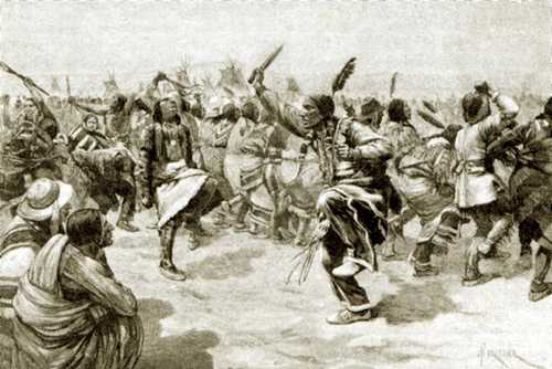 Sioux-indianen tijdens een Ghost Dance (Afbeelding: Amédée Forestier, 1891)