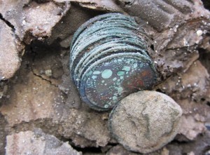 Een aantal van de munten zoals die afgelopen zomer gevonden werden – Foto: RCE Scheepsarcheologie 2012