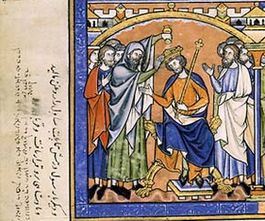 De profeet Samuel zalft Saul tot koning van het Joodse volk, een ritueel dat in veel middeleeuwse koninkrijken werd geïmiteerd – 13e-eeuws Frans manuscript (Pierpont Morgan Library, New York)