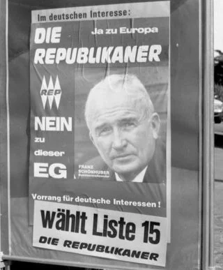 Franz Schönhuber op een Europese verkiezingsposter uit 1989