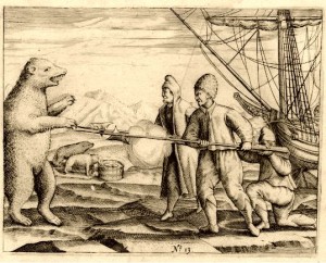 Twee mannen van de expeditie in gevecht met een ijsbeer - Afbeelding uit het dagboek van Gerrit de Veer (Rijksmuseum Amsterdam)