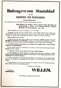 Het ‘Buitengewoon Staatsblad’ van 1885, waarin koning ‘Willem de laatste’ zijn aftreden aankondigde