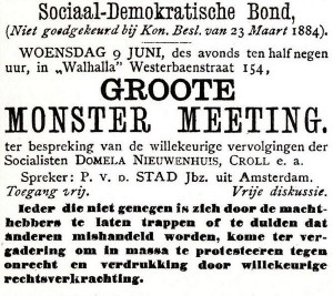 Advertentie voor een ‘monster meeting’ van de Sociaal-Democratische Bond, ‘niet goedgekeurd bij Kon. Besluit van 23 Maart 1884′