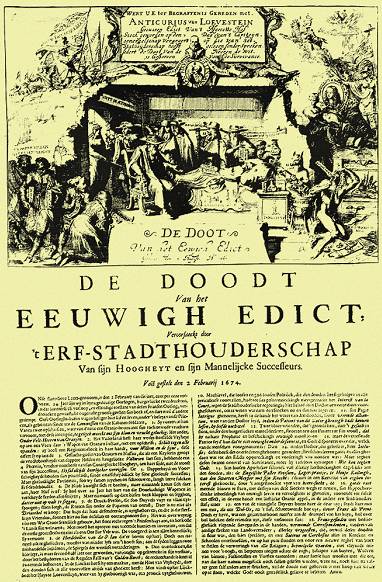 Het Eeuwig Edict van 1667, dat de toegang van Oranje tot de regering van de Staten moest blokkeren, werd in 1674 triomfantelijk weer opgeheven, toen Willem III tot erf-stadhouder werd benoemd.