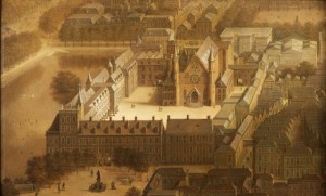 Gezicht op het Binnenhof in vogelvlucht – schilderij door Pieter Stortenbeker, ca. 1875 – Collectie Haags Historisch Museum