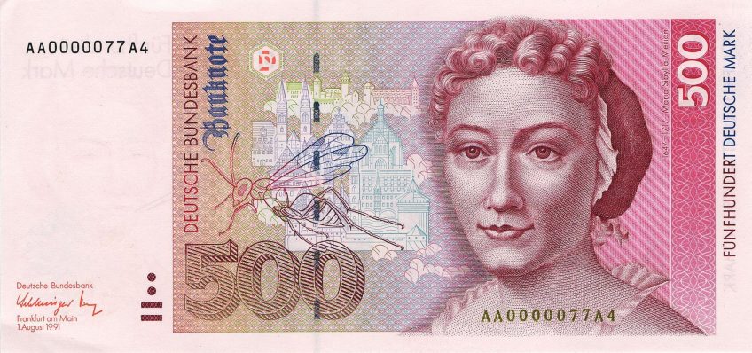 Portret van Maria Sibylla Merian op een bankbriefje van 500DM