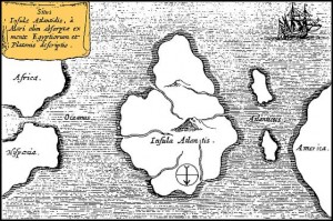 Fictieve kaart van Atlantis uitgegeven door Athanasius Kircher (Amsterdam, 1665). Op deze kaart is het noorden onder en het zuiden boven. Links is Spanje nog zichtbaar en rechts Amerika.