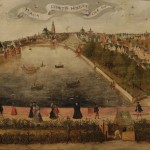 De Hofvijver gezien vanaf het Doelenterrein in 1567. De maker is onbekend. De voorgrond toont de schietbaan van de Sint Sebastiaansschutterij – Collectie Haags Historisch Museum