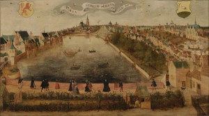 De Hofvijver gezien vanaf het Doelenterrein in 1567. De maker is onbekend. De voorgrond toont de schietbaan van de Sint Sebastiaansschutterij – Collectie Haags Historisch Museum