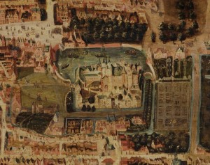 Deze geschilderde plattegrond laat zien hoe Den Haag er in 1570 uit zag. De slotgrachten rond het Binnenhof zijn goed te zien – Cornelis Elandts, 1663 – Collectie Haags Historisch Museum