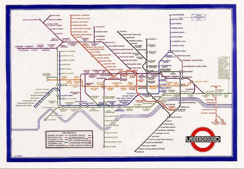 Beroemde kaart die Harry Beck in 1933 van de Londense metro maakte - Afb: tfl.gov.uk