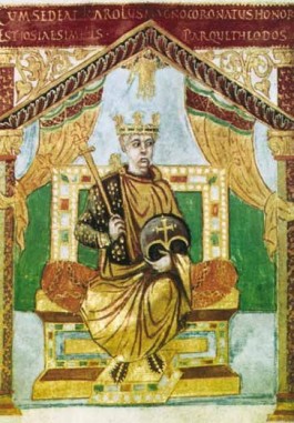 Karel de Kale, uit een manuscript door Luithard tussen 842 en 869 in de gouden unicalen voor Karel zelf geschreven. (Bibliothèque Nationale, Parijs)