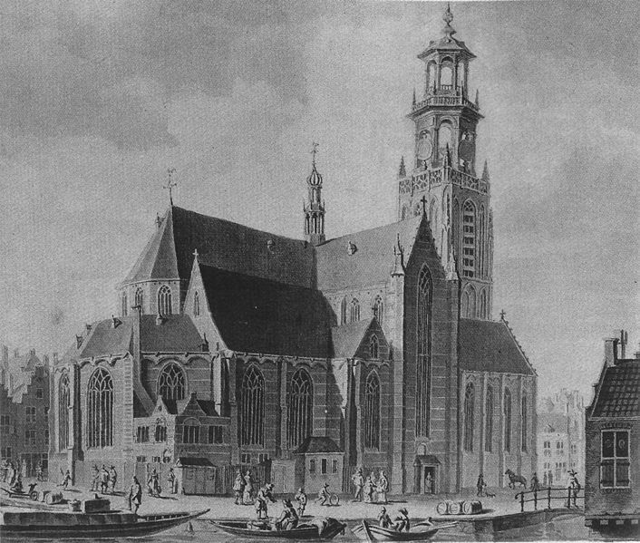 Oude tekening van de Laurenskerk in Rotterdam