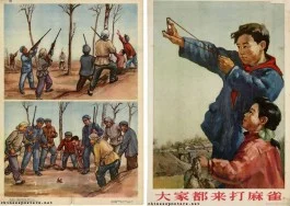 Chinese affiches waarop te zien is hoe er op mussen wordt gejaagd - Afb: chineseposters.net