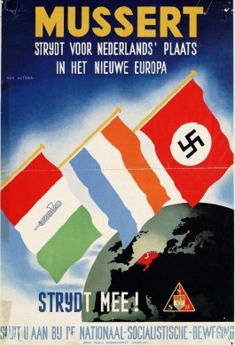 Op deze NSB-poster weet het oranje-blanje-bleu zic gesteund door de Intaliaans fascisten en Nazi-Duitsland. (Illustratie via Krapuul.nl)