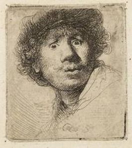 Rembrandt, Zelfportret met baret en opengesperde ogen, 1630. Ets, enige staat