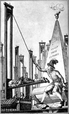 Franse spotprent: Robespierre onthoofdt de beul na heel Frankrijk te hebben laten guillotineren