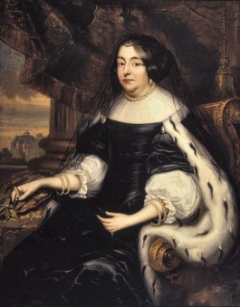 Het portret van Amalia van Solms in rouwdracht met in de achtergrond Huis ten Bosch. - Collectie Museum Het Prinsenhof
