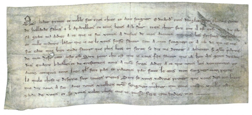 Graaf Floris V bericht de Engelse koning dat hij de Friezen in vier veldslagen heeft overwonnen en dat hij het lichaam van zijn vader heeft gevonden (<i>la quele chose je desiroie sur toutes riens</i>).