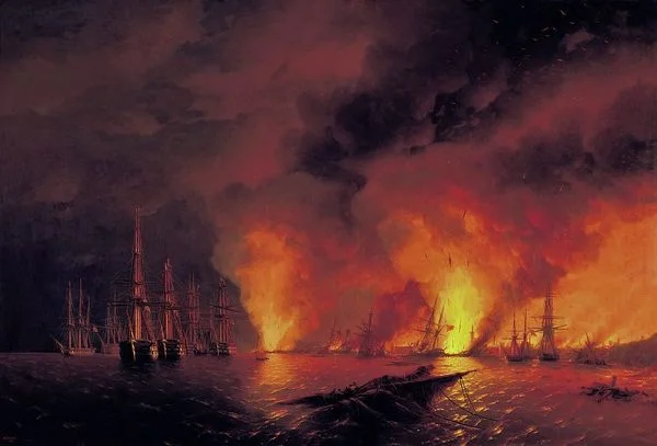 Houten slotacte. Russische victorie tegen de Ottomanen tijdens Slag bij Sinope in 1853 - Doek van Ivan Aivazovsky
