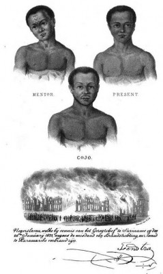 Drie Surinaamse 'negerslaven' die volgens het boek 'De Negerslaven in de kolonie Suniname' in 1833 levend werden verbrand wegens brandstichting.