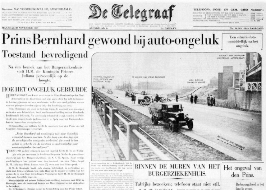 De Telegraaf over het ongeluk van prins Bernhard, 29 november 1937 (Delpher)