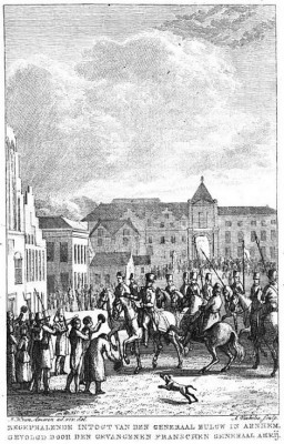 Triomfantelijke intocht van generaal Bulow in Arnhem. Prent in Nationaal gedenkboek der hernieuwde Nederlandsche unie, van den jare 1813 (1816) van Jan Konijnenberg.