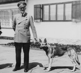 Adolf Hitler met zijn hond Blondi die hij in 1941 van Martin Bormann cadeau gekregen had