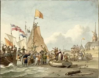 Aankomst van koning Willem I te Scheveningen, 30 november 1813 van Nicolaas Lodewijk Penning (1764 -1818). (Coll. Rijksmuseum, Amsterdam)