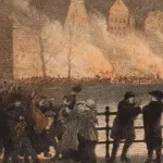 Oproer in Amsterdam: in de nacht van 15 op 16 november 1813 worden Franse douanehuisjes in brand gestoken. Gedeelte van een prent door J.C. Greve (1813); collectie Stadsarchief Amsterdam.