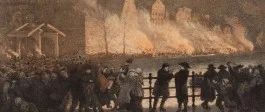 Oproer in Amsterdam: in de nacht van 15 op 16 november 1813 worden Franse douanehuisjes in brand gestoken. Gedeelte van een prent door J.C. Greve (1813); collectie Stadsarchief Amsterdam.