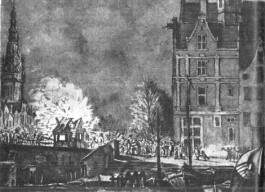 Het in brand steken der douanehuisjes te Amsterdam op 15 november 1813, naar een tekening van G. Lambertsz (Rijks Prentenkabinet, A'dam)