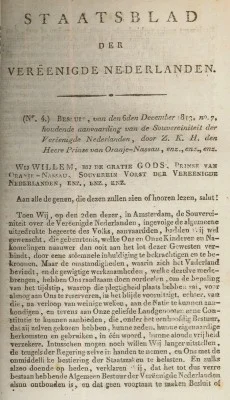 Aanvaarding soevereiniteit door Souverein Vorst Willem I op 2 december 1813 (Staatsblad der Vereenigde Nederlanden, 1813 no. 4, eerste bladzijde)