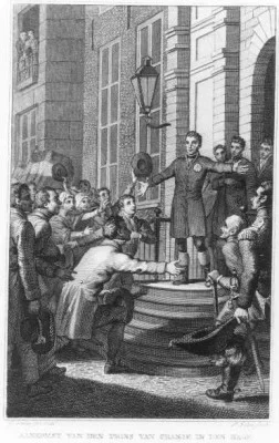Aankomst van Koning Willem I in Den Haag op 30 november 1813. Vervaardigd door Ph. Velyn, 1813 (Haags Gemeentearchief)
