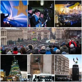 Collage van beelden van de betogingen op het Onafhankelijkheidsplein in Kiev - wiki