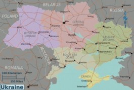 Oekraïne wordt letterlijk gesplitst door de rivier Dnjepr; west is Europees gericht, links Russisch - Kaart: Wikitravel