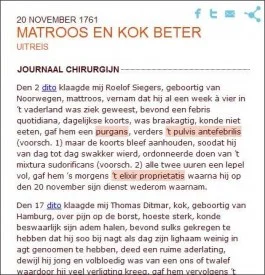Verslag op de website van de chirurgijn over twee zieken, matroos Roelof Siegers en kok Thomas Ditmar, op 20 november 1761.