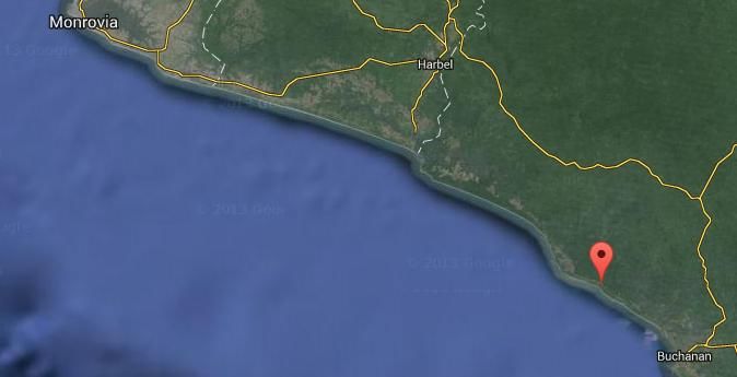 Cleijn Bassa aan de kust van Liberia wordt met een Google-symbool aangegeven.