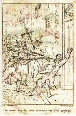'De moord aan den heer Hermanus van Loon gepleegd'. Illustratie in boek Meulman over de Franse wraak in 1813.