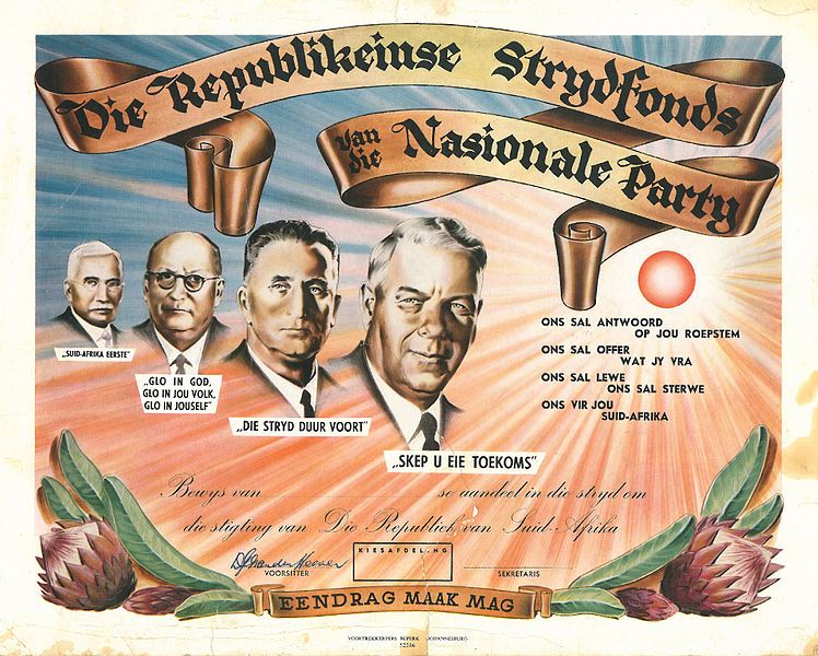 Poster van de Nationale Partij met vlnr Hertzog, Malan, Strijdom en Verwoerd